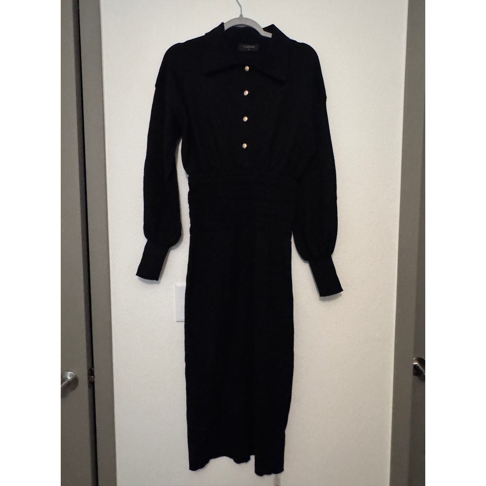 Commense Black‎ Knit Midi Dress Gold Button Smocked Waist Balloon Sleeve New hh